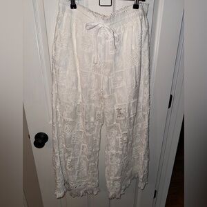 Johnny Was Monic Pant White Embroidered Pants with Fringe Hem